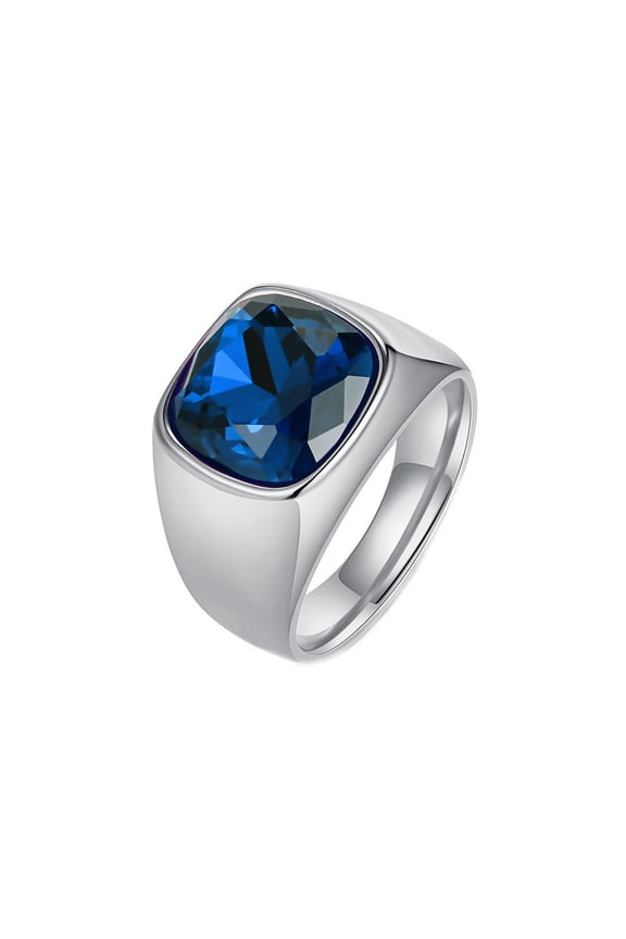Men's Women's Stainless Steel Gemstone Chunky Signet Ring Big Cut Crystal Engagment Party Finger Jewelry Silver Blue Stone Size 10
