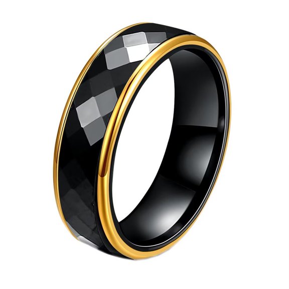 HIJONES Men's Women's Stainless Steel Glisten Rhombic Cut Ceramic Couple Wedding Ring 6MM Gold Plated Round Edge Wrap Black Size 10