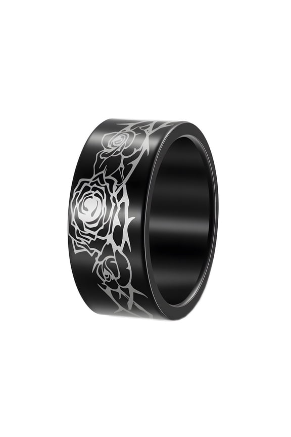 Men's Women's Stainless Steel Halloween Rose Signet Finger Ring 10MM Flat Wedding Band Black Size 7