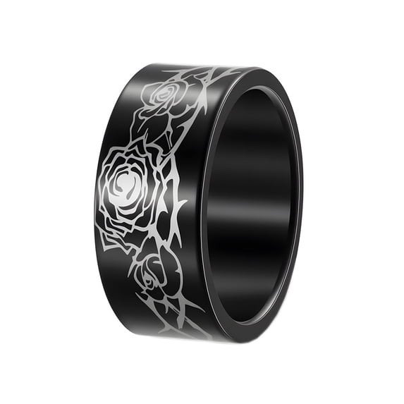 HIJONES Men's Women's Stainless Steel Halloween Rose Signet Finger Ring 10MM Flat Wedding Band Black Size 7