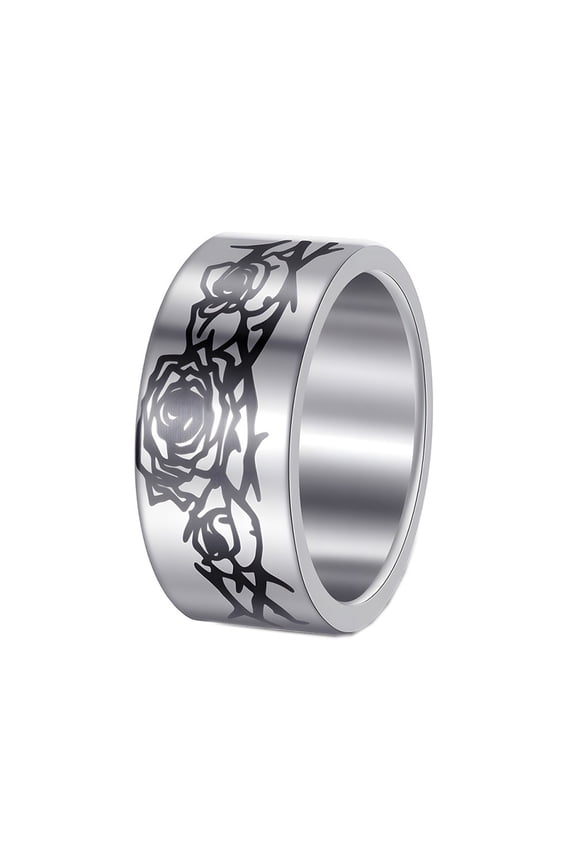 Men's Women's Stainless Steel Halloween Rose Signet Finger Ring 10MM Flat Wedding Band Silver Size 8