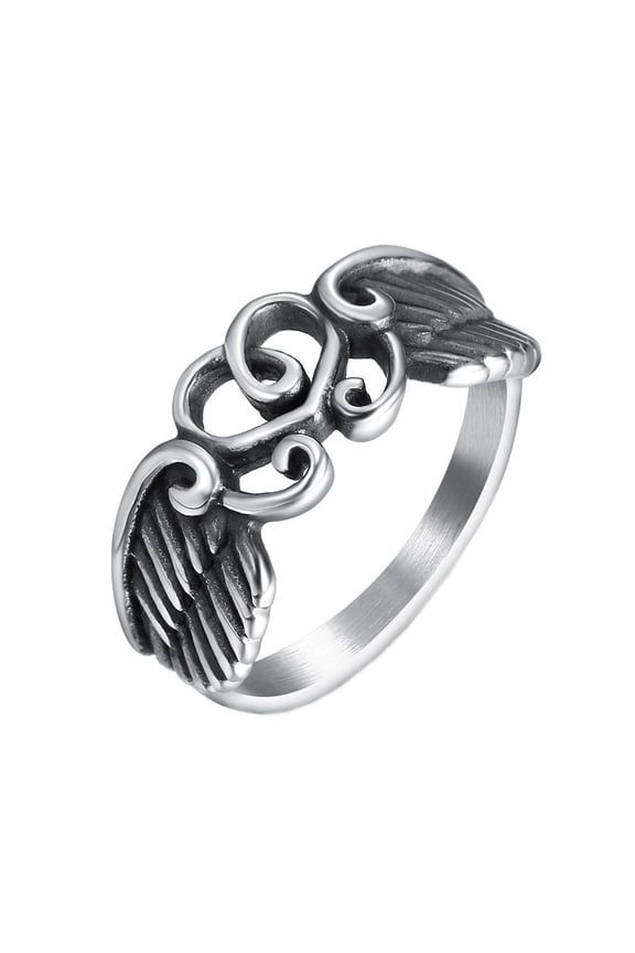 Men's Women's Stainless Steel Heart Winged Thread Ring Punk Antique Silver Band Silver Size 12