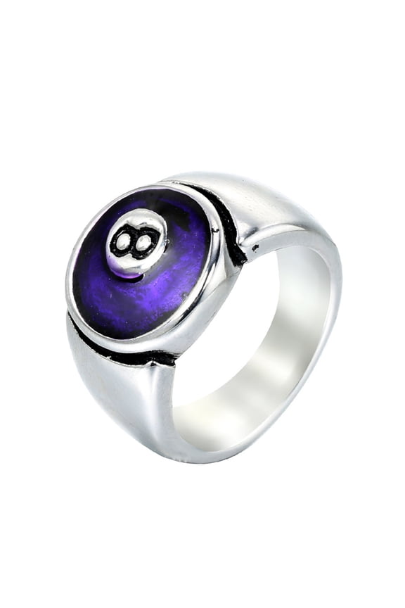 Men's Women's Stainless Steel Hip Hop Billiards 8 Ball Ring Punk Round Statetment Band Biker Jewelry Silver Purple Size 8