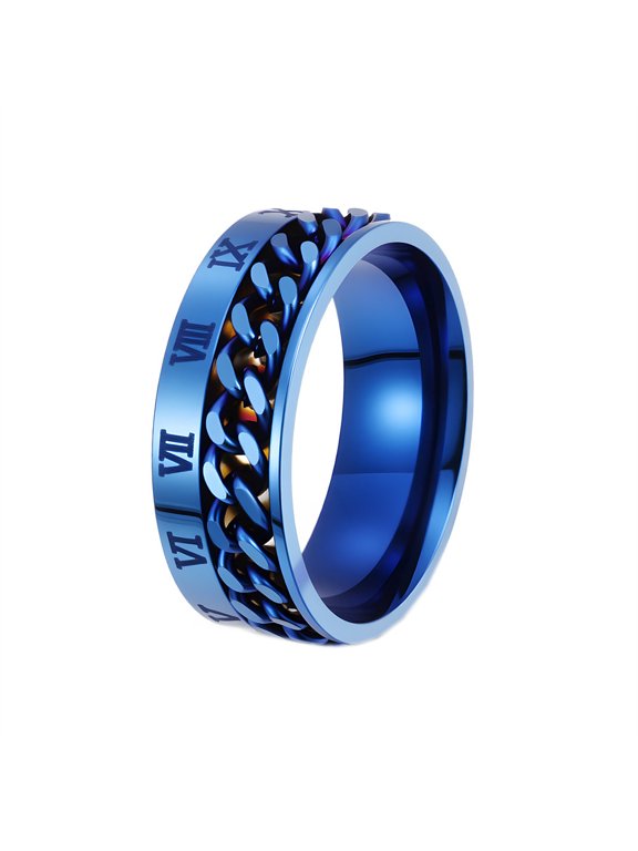 Men's Women's Stainless Steel Lucky Roman Numberals Open Wine Band 8MM Chain Roratable Biker Ring Blue Size 10