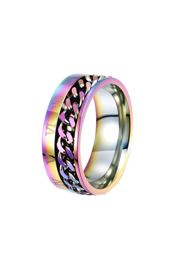 Men's Women's Stainless Steel Lucky Roman Numberals Open Wine Band 8MM Chain Roratable Biker Ring Rainbow Size 7