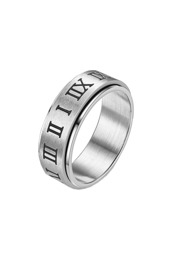 Men's Women's Stainless Steel Matte Roman Numerals Anxiety Rotatable Ring Wedding Finger Jewelry Silver Size 6