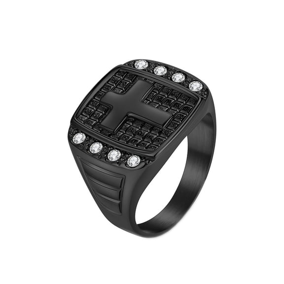 HIJONES Men's Women's Stainless Steel Motorcycle Engagement Chunky Band Zircon Cross Christian Mini Square Sculpted Ring Black Size 8