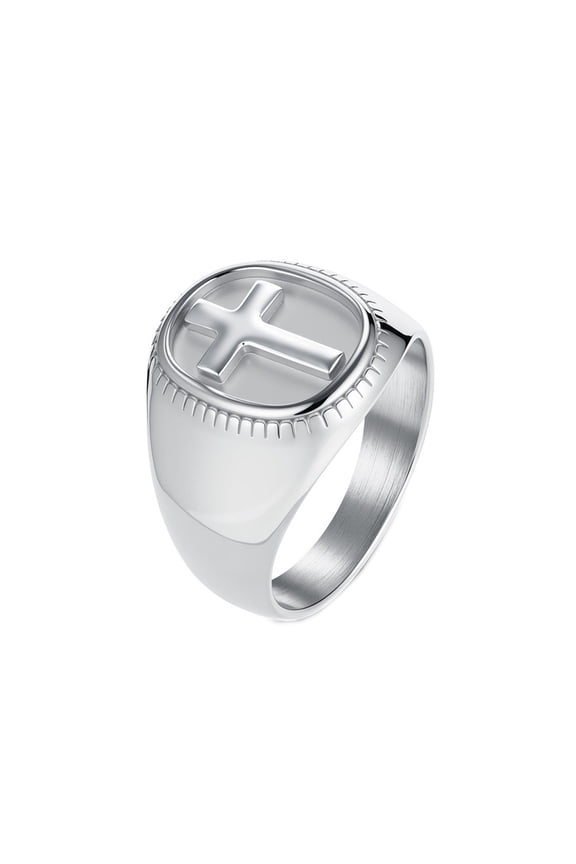 Men's Women's Stainless Steel Oval Cross Christain Religious Gear Engraved Chunky Statement Ring Silver Size 9