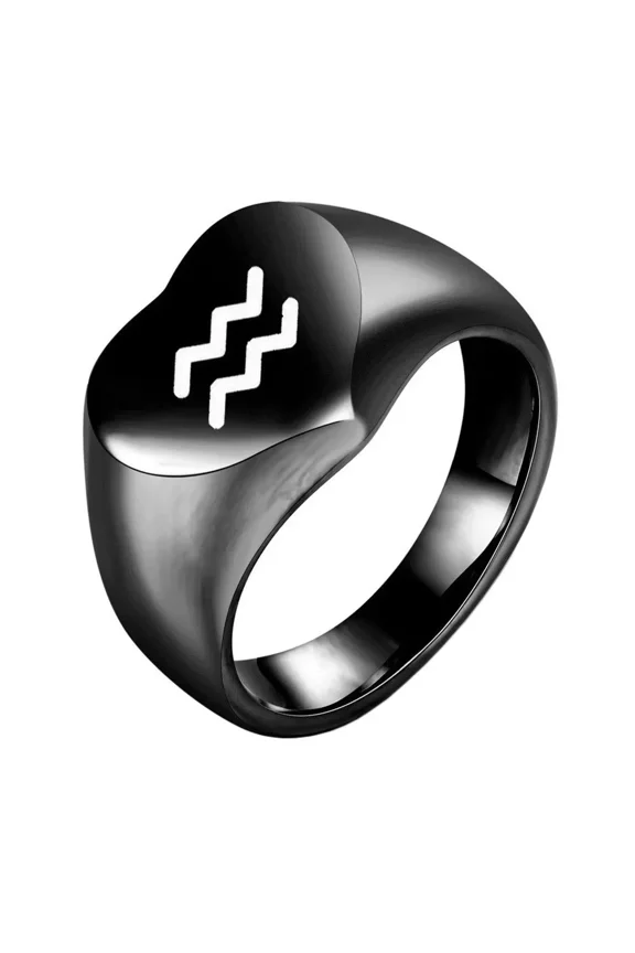 Men's Women's Stainless Steel Peach Heart Smooth Zodiac Animal Ring Wedding Engagement Statement Jewelry Black Aquarius Size 10