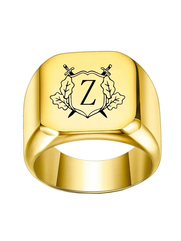 Men's Women's Stainless Steel Personalized Double Sword Shield Alphabet A to Z Initial Rings Jewelry Gold Z Size 10