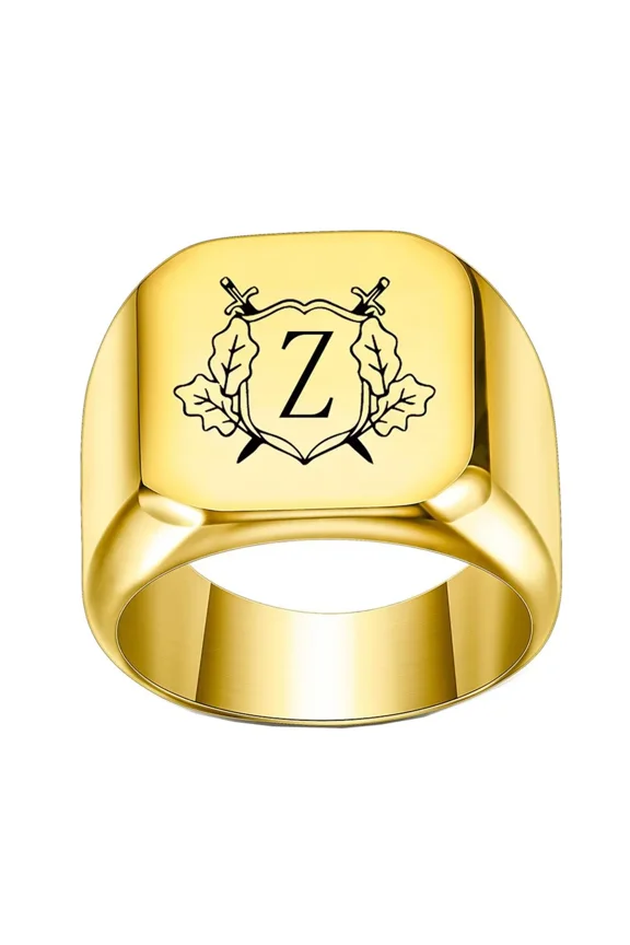 Men's Women's Stainless Steel Personalized Double Sword Shield Alphabet A to Z Initial Rings Jewelry Gold Z Size 10