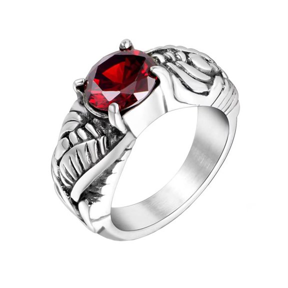 HIJONES Men's Women's Stainless Steel Personalized Wings Vintage Red Gemstone Ring Silver Size 12