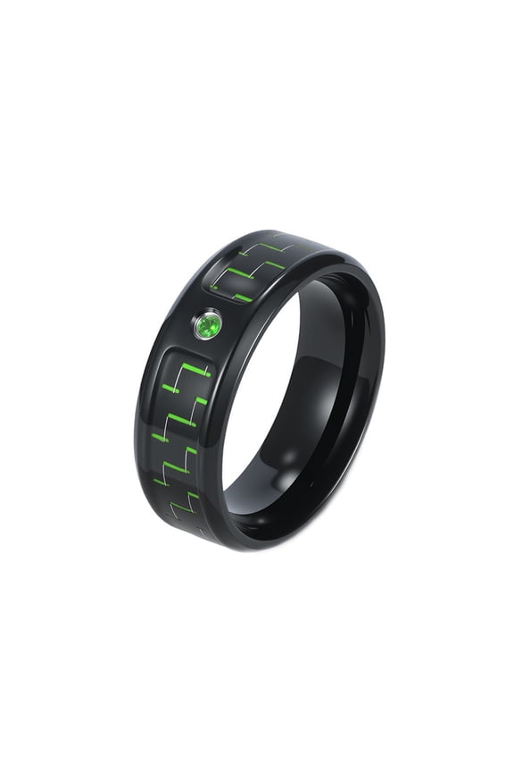 Men's Women's Stainless Steel Popular Zirconia Carbon Fiber Wedding Ring Band Jewelry Gift Black Green Size 10