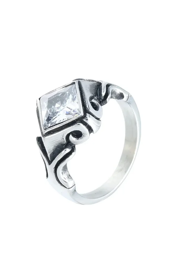 Men's Women's Stainless Steel Rhombus Arrow Gemstone Ring Punk Gothic Personalized Hip Hop Band Jewelry White Size 9