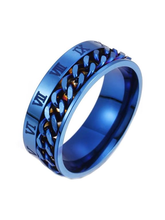 Men's Women's Stainless Steel Rototable Roman Numberal Chain Anxiety Ring Index Finger Band Blue Size 10