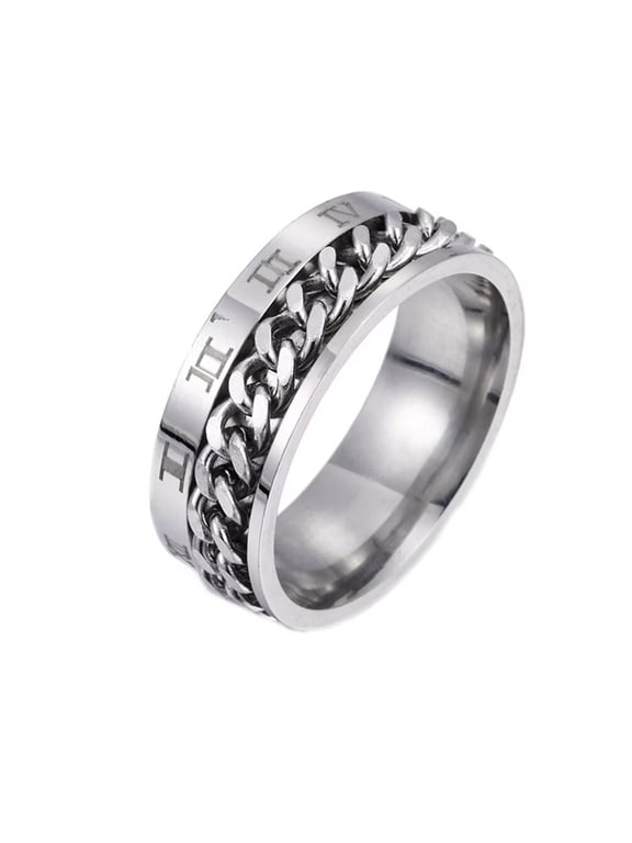 Men's Women's Stainless Steel Rototable Roman Numberal Chain Anxiety Ring Index Finger Band Silver Size 8