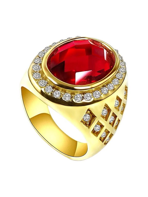 Men's Women's Stainless Steel Round Red Gemstone Ring Geometric Engraving Classic Retro Hip Hop Rock Jewelry Size 8