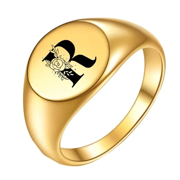 HIJONES Men's Women's Stainless Steel Simple Rose 22mm Round Alphabet A to Z Initial Rings Wedding Engagement Statement Jewelry Gold R Size 10