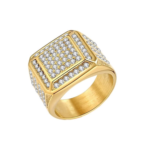 HIJONES Mens Stainless Steel Micro Pave CZ Square Chunky Ring Hip Hop Wedding Statement Finger Band Gold Size S