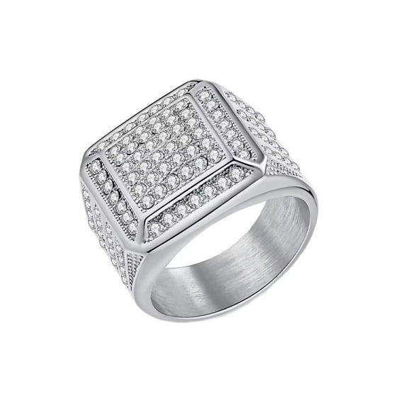 HIJONES Mens Stainless Steel Micro Pave CZ Square Chunky Ring Hip Hop Wedding Statement Finger Band Silver Size U