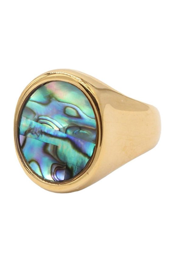 Oval Shell Ring for Men Women Iridescent Abalone Inlay in Gold Stainless Steel Band Unique Natural Jewelry Size 7