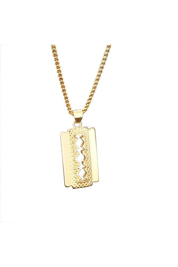 Retro Hip Hop Blade Necklace for Men Stainless Steel Rhomboid Grid Pattern Razor Pendant Gold Color with Chain