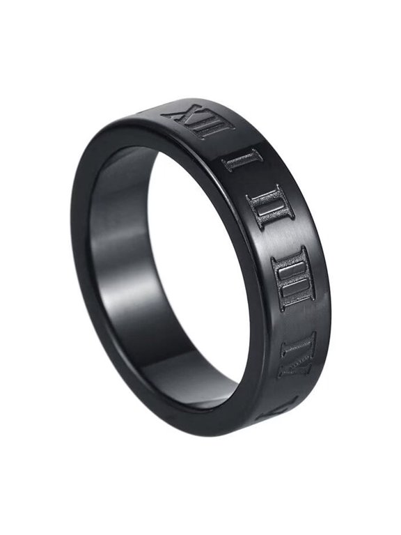 Roman Numeral Plain Band for Men Women Stainless Steel Number Ring 6mm Black Size 11