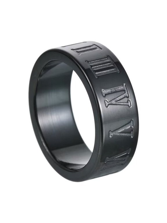 Roman Numeral Plain Band Rings for Men Women Stainless Steel Number Ring Jewelry 8mm Black Size 9
