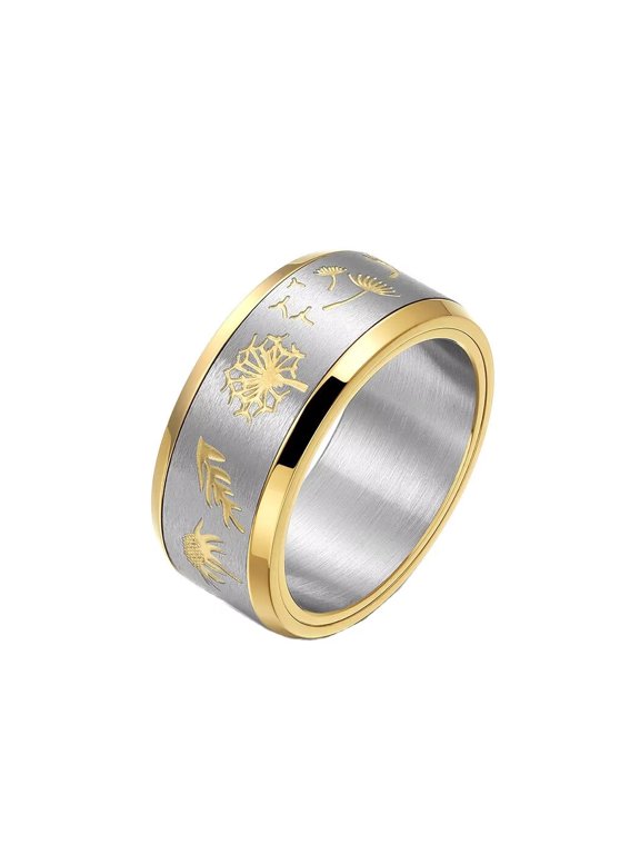 Rotatable Flower Dandelion Ring for Men Women Stainless Steel Statement Wedding Band Finger Jewelry Gold Size 10