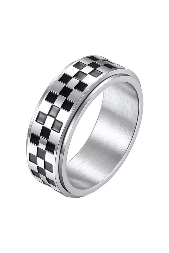 Rotatable Racing Flags Ring for Men Women Checkerboard Stainless Steel Punk Gothic Ring Personalized Hip Hop Ring Band Jewelry Silver Size 8