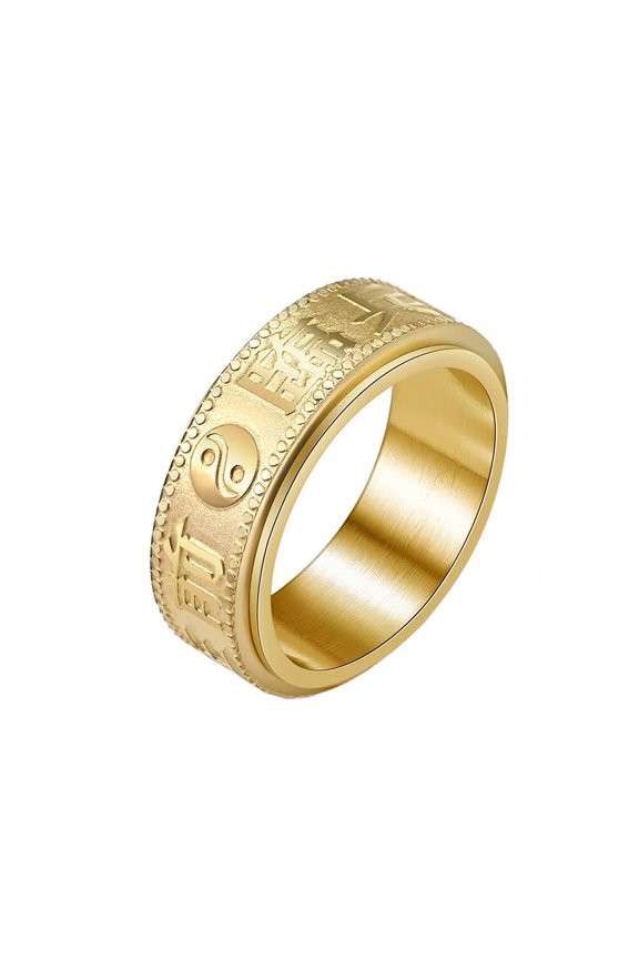 Rotatable Ring for Men Stainless Steel Chinese Style Hip Hop Stress Relief Band Jewelry Gold Size 8