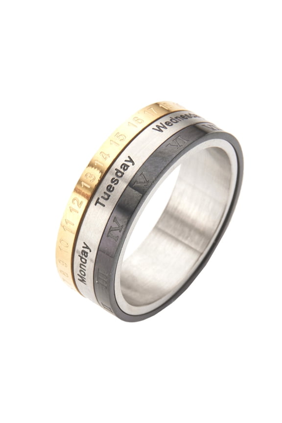 Rotating Calendar Ring Unisex Titanium Steel Minimalist Industrial Roman Numeral Time Spinner Band Size 7