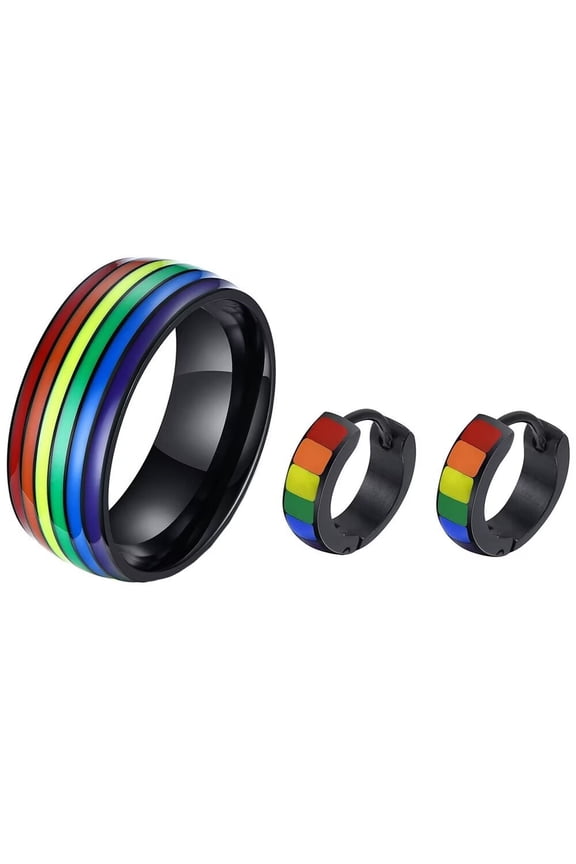Stainless Steel 8mm LGBT Pride Rainbow Ring Earring Studs for Men Women Jewelry Set Enamel Wedding Band Rainbow Size 10