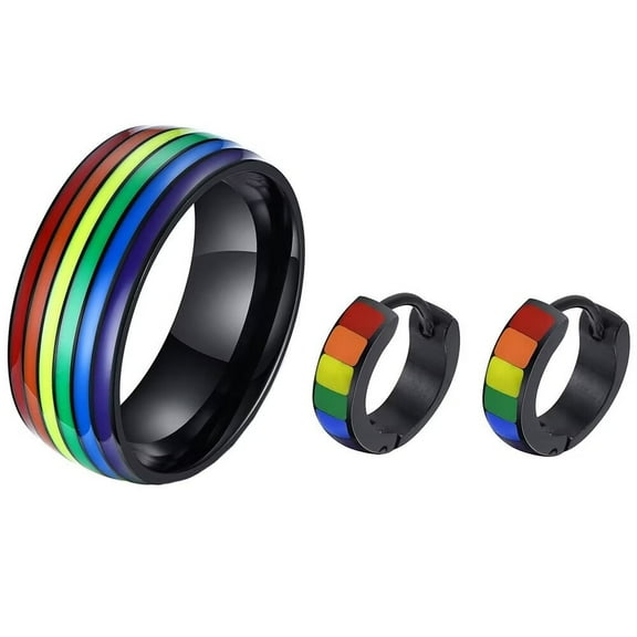 HIJONES Stainless Steel 8mm LGBT Pride Rainbow Ring Earring Studs for Men Women Jewelry Set Enamel Wedding Band Rainbow Size 8