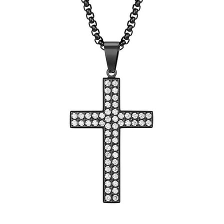 HIJONES Stainless Steel Cubic Zirconia Cross Necklace for Men Hip Hop Cross Pendant with Chain Black