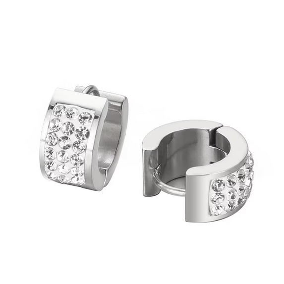 HIJONES Stainless Steel Cubic Zirconia Hoop Earrings for Men Women Round Huggie Hinged Statement Ear Studs Silver White