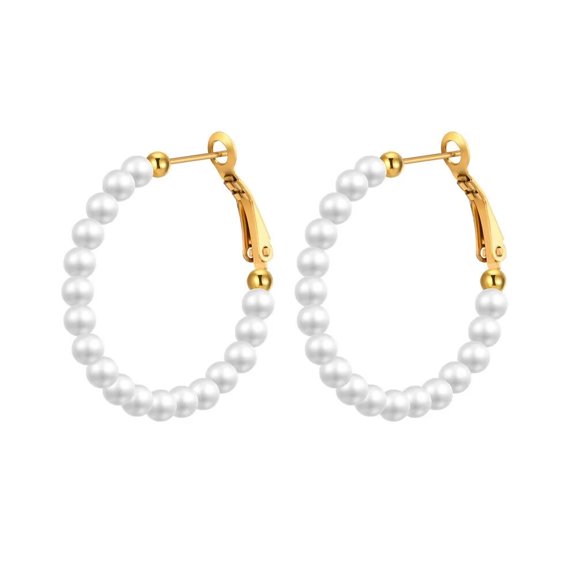 HIJONES Stainless Steel Pearl Hoop Earrings for Women Round Huggie Ear Studs Diameter 30mm