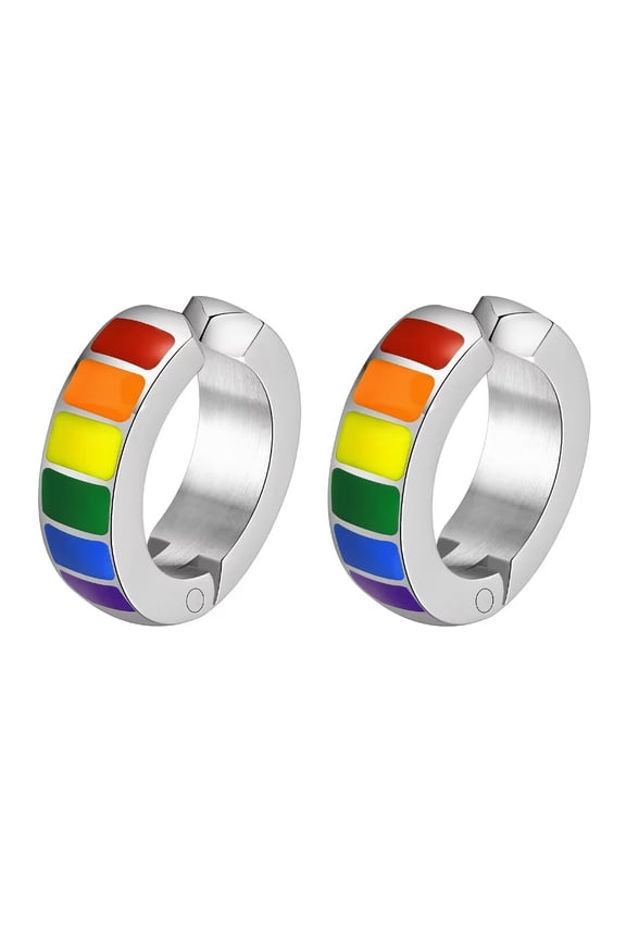 Stainless Steel Rainbow Clip On Earrings Gay Lesbian Bisexual LGBT Pride Flag Huggie Ear Studs Non Pierced Silver