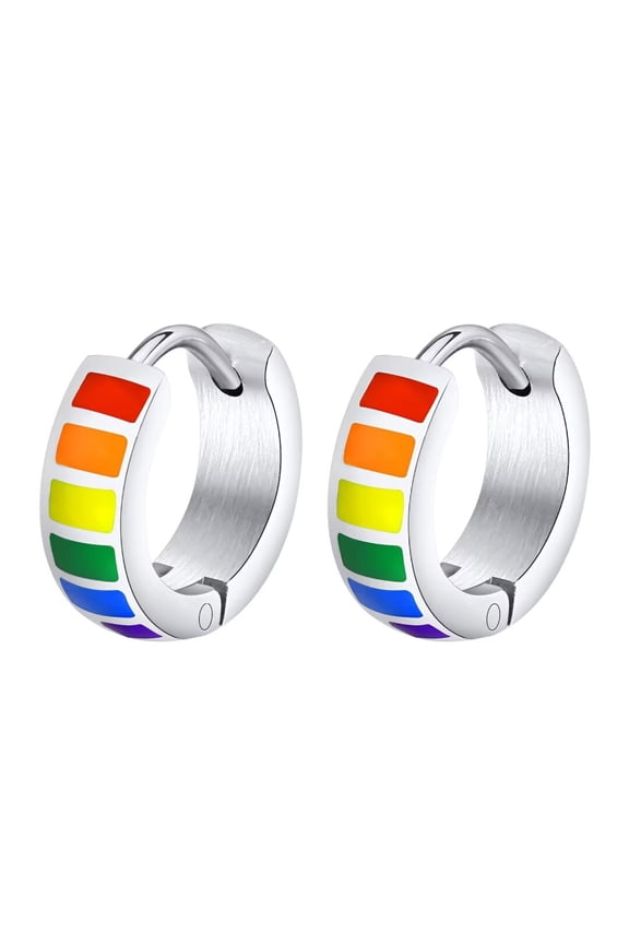 Stainless Steel Rainbow Earrings Gay Lesbian Bisexual LGBT Pride Flag Huggie Ear Studs Pierced Silver