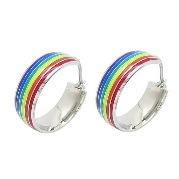 HIJONES Stainless Steel Rainbow LGBT Pride Flag Hoop Earrings for Men Women Round Huggie Statement Ear Studs Silver