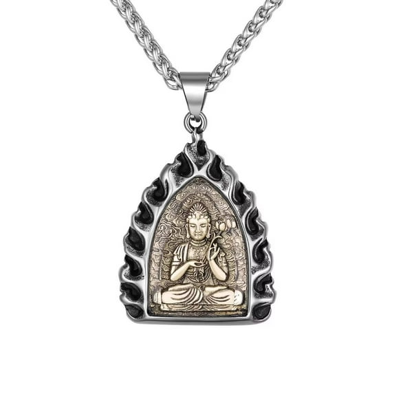 HIJONES Stainless Steel Vintage Buddha Pendant Necklace for Men Buddhist Amulet Necklace Patron Saint Jewelry Mahasthamaprapta Bodhisattva