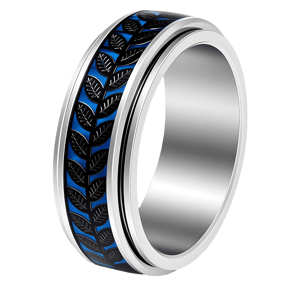 HIJONES Unisex 8mm Leaf Pattern Stainless Steel Spinner Ring Rotating ...