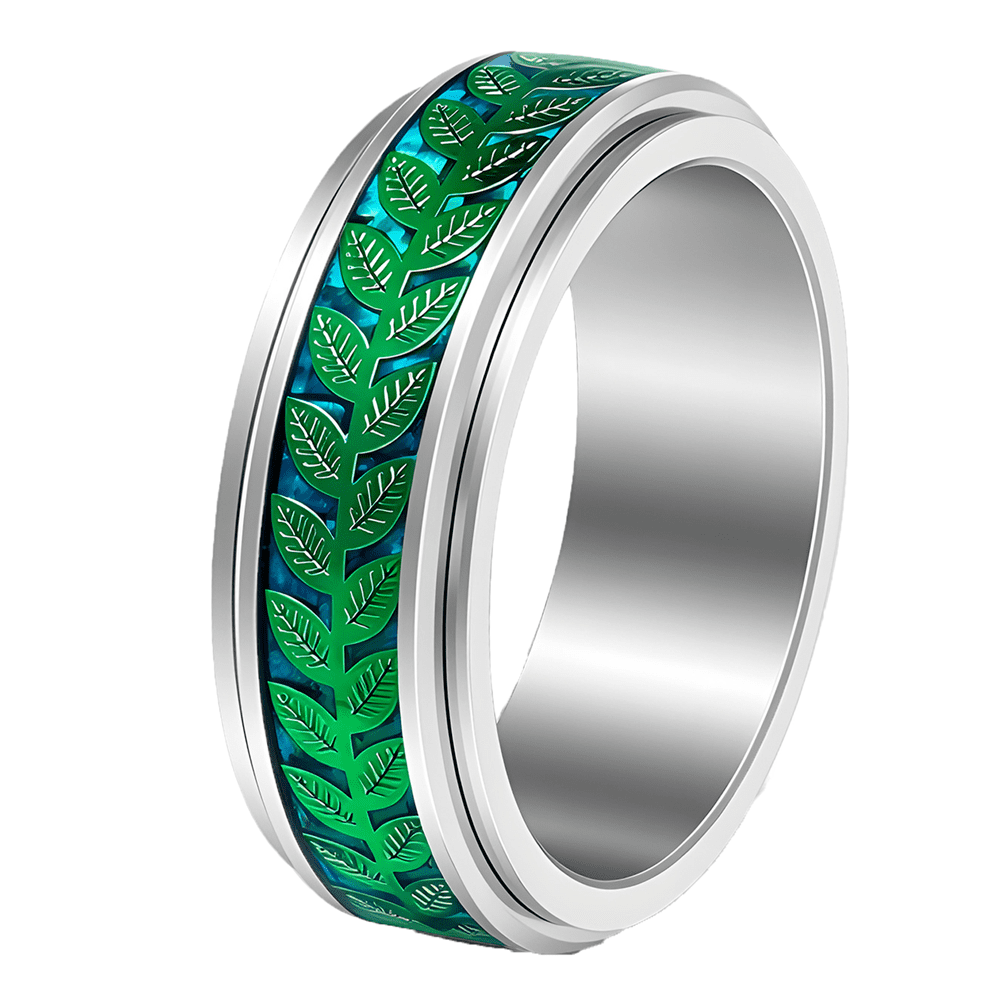 HIJONES Unisex 8mm Leaf Pattern Stainless Steel Spinner Ring Rotating ...