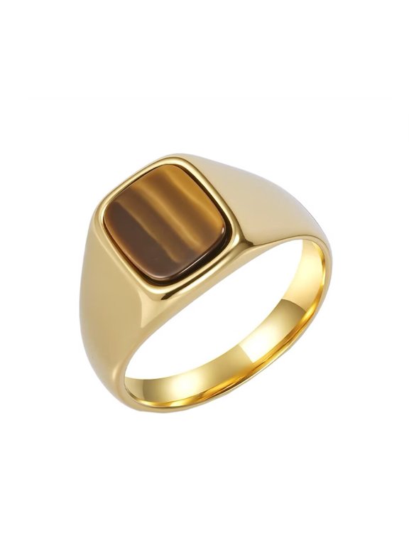 Unisex STAINLESS STEEL Big Square Agate Tiger's Eye Gemstone Couple Wedding Ring Solid Plated Promise Finger Band Gold Brown Stone Size 10