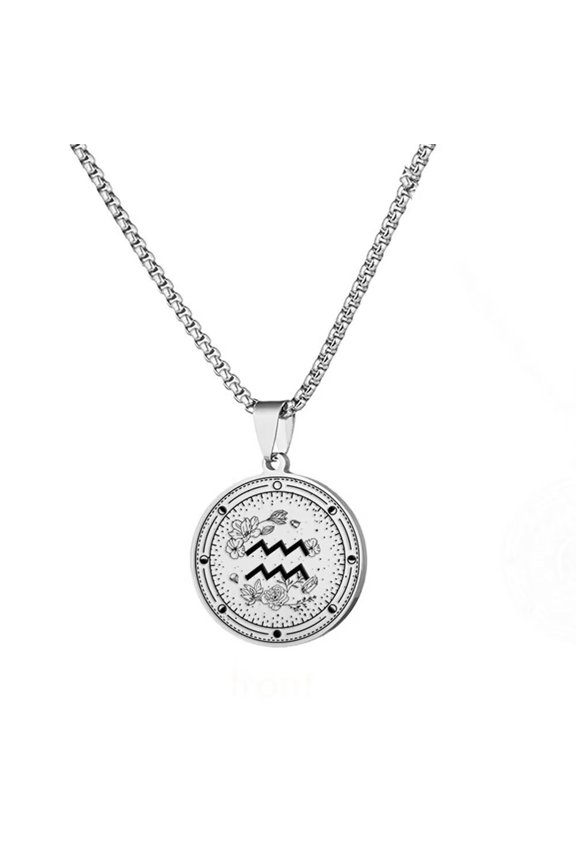 Unisex Stainless Steel 12 Zodiac Signs Sunflower Pendant Couple Engraved Lucky Necklace Sweater Chain Aquarius