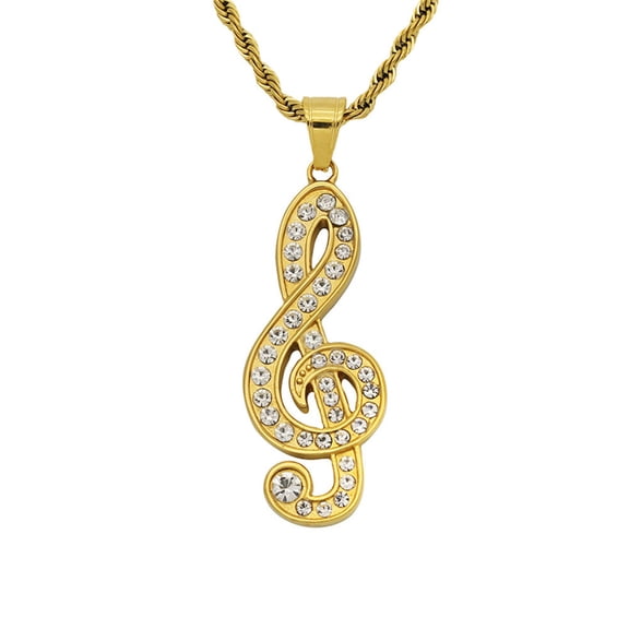 HIJONES Unisex Stainless Steel Cubic Zirconia Piano Musical Note Pendant Necklace Treble Clef Chain Gold