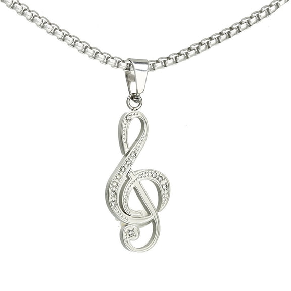 HIJONES Unisex Stainless Steel Cubic Zirconia Treble Clef Pendant Necklace Piano Musical Note Chain Silver