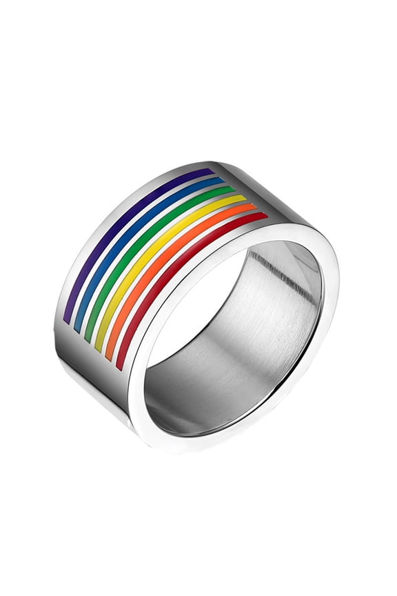 Unisex Stainless Steel Enamel Rainbow Flag LGBT Gay Lesbians Pride Signet Ring Cool Striped 10MM Colorful Finger Band Silver Size 8