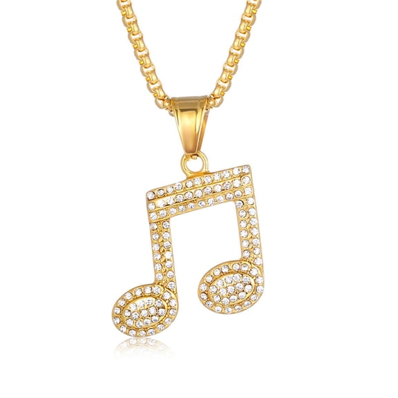 HIJONES Unisex Stainless Steel Full Cubic Zirconia Musical Note Hip Hop Pendant Necklace Gold