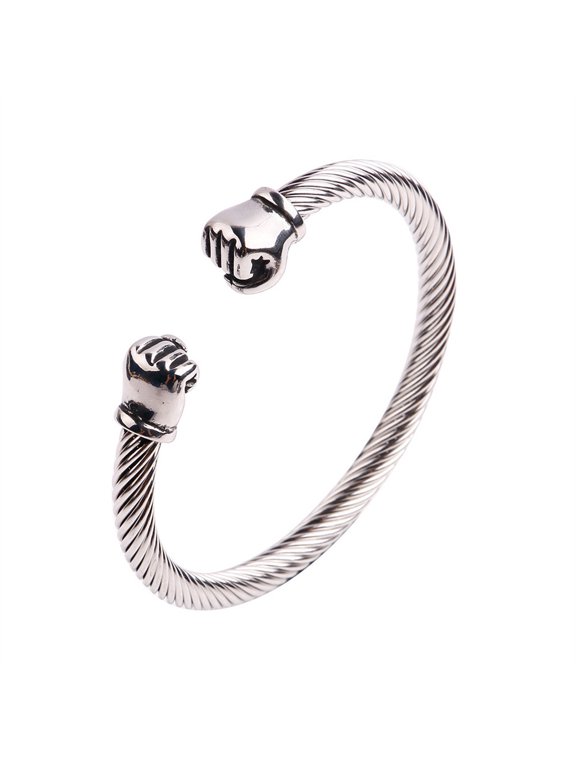 Unisex Stainless Steel Hip Hop Fist Open Twisted Stacked Cable Wire Bangle Adjustable Cuff Bracelet Silver Plated